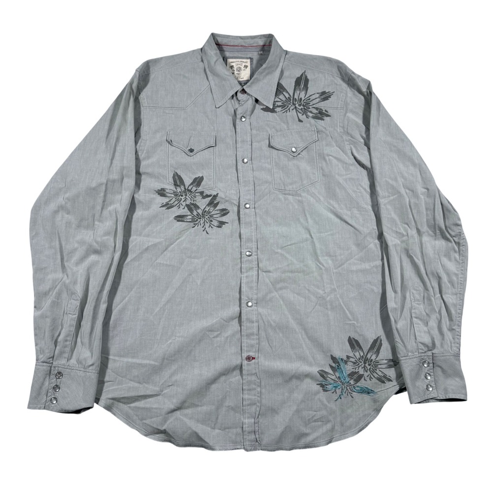 Guess Graphic Western Shirt Mens XL Gray Y2K Vintage 2007 Pearl Snap Embroidered